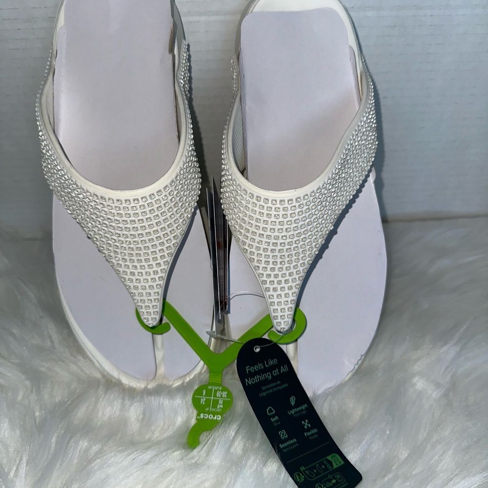 CROCS White Rhinestone Thong Sandals